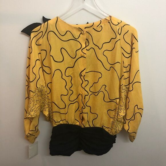 Suzie Lee Blouse Skirt Abstract Print Flower Yellow Black 2 Piece Silk M NWT - Picture 4 of 6